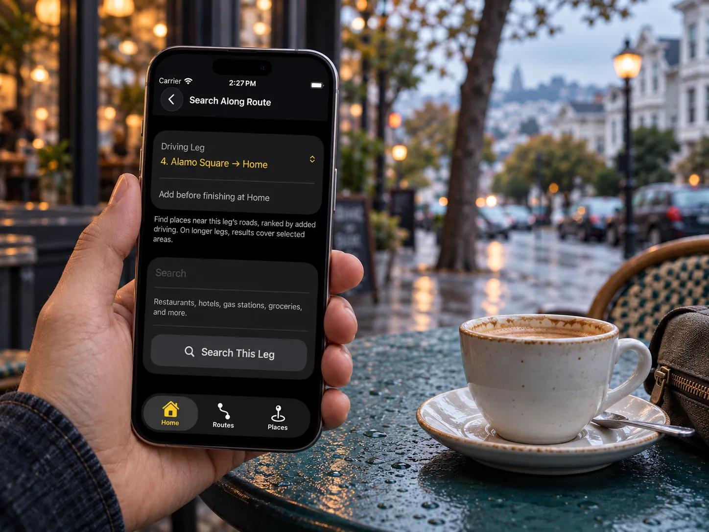 Radar Route's Search Along Route screen beside a café table, with a driving leg selected from Alamo Square to Home