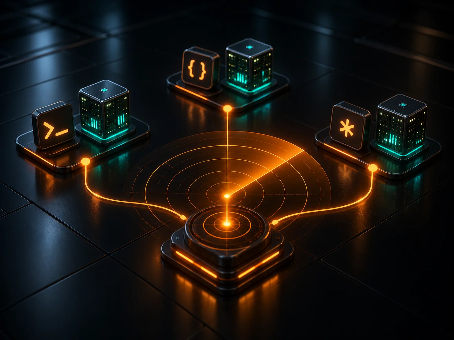 An amber radar sweep discovers servers beside terminal, code, and development tool symbols.