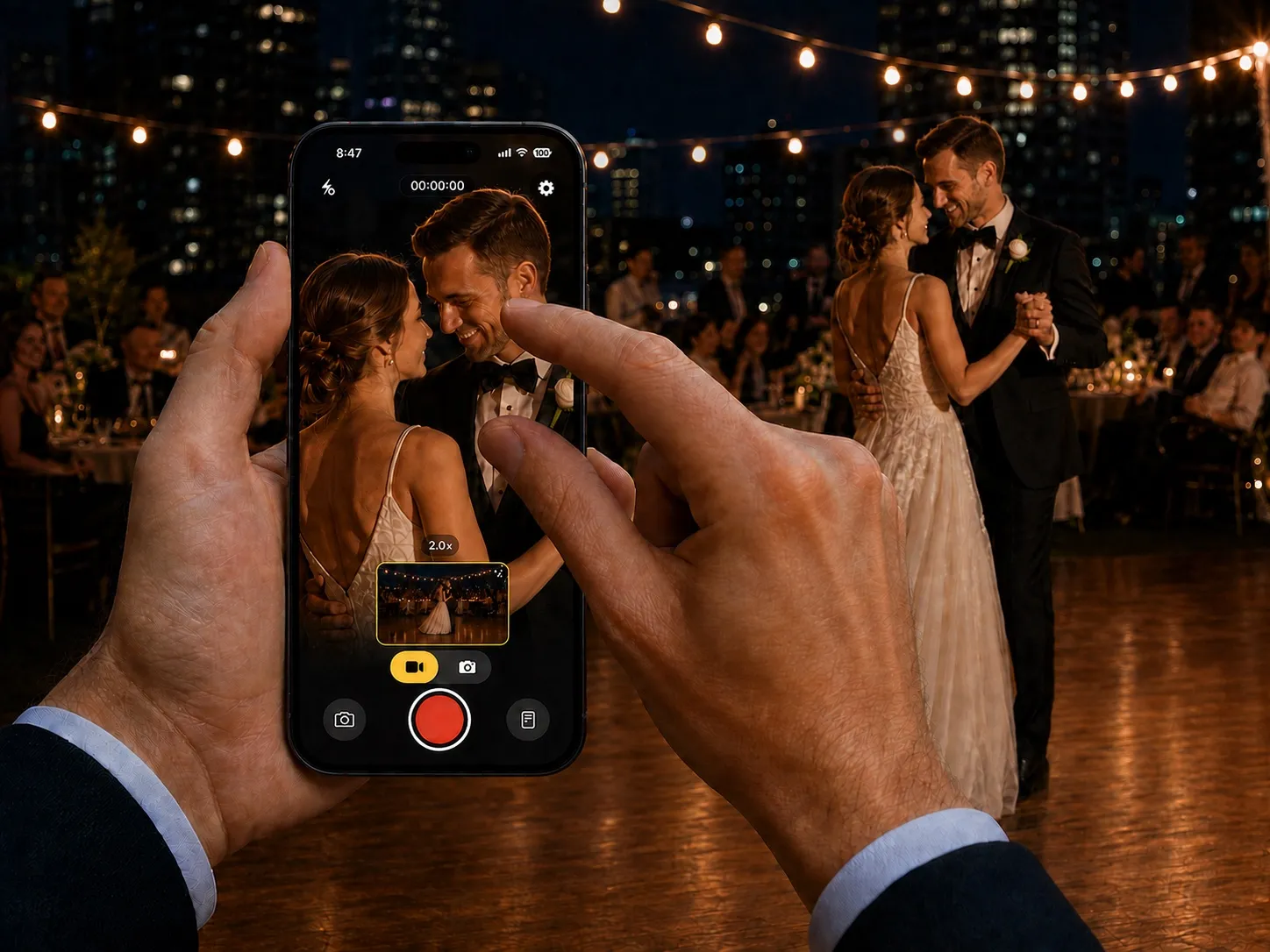 Filming a wedding first dance with Radar Camera, fingers pinch-zooming the portrait output to 2x while the landscape preview keeps the wide view of the room