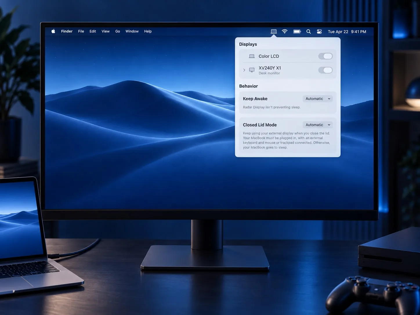 A large external monitor showing Radar Display open from the macOS menu bar, with a MacBook and game console beside it