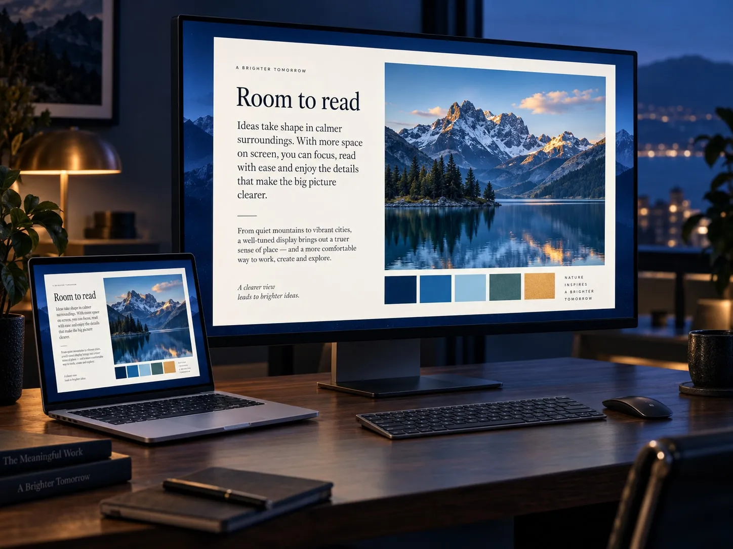 A document with large readable type, a detailed landscape, and color swatches on an external monitor, shown at a smaller scale on a MacBook