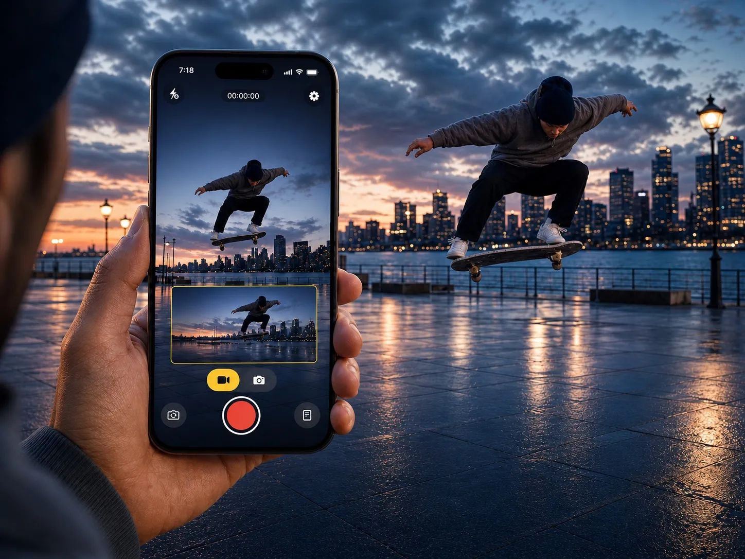 Filming a skateboarder mid-air at dusk with Radar Camera, the phone showing the portrait view and the landscape preview at the same time