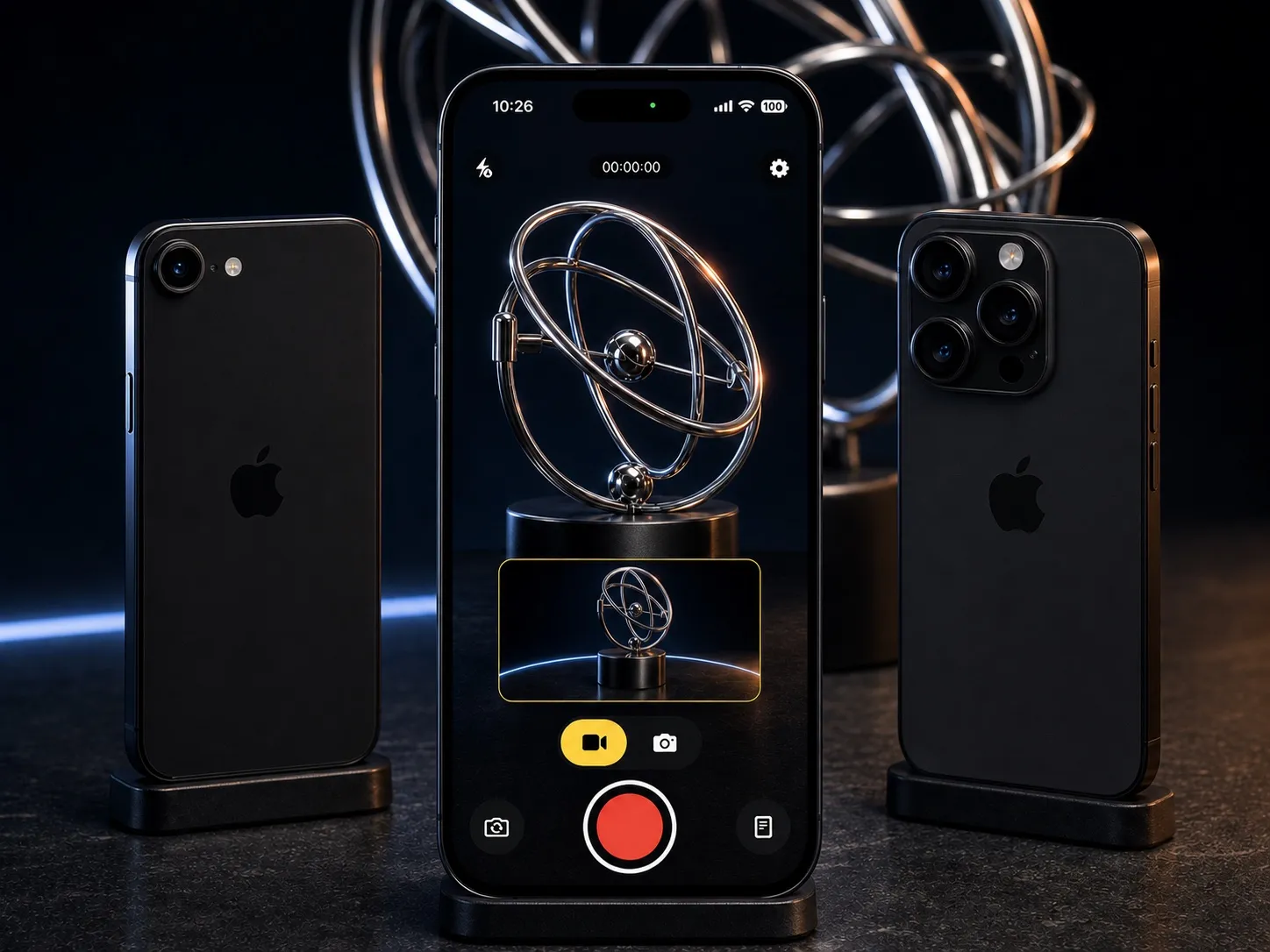 Three iPhones standing on a dark surface: a single-camera model and a triple-camera model flanking a phone running Radar Camera with portrait and landscape previews live