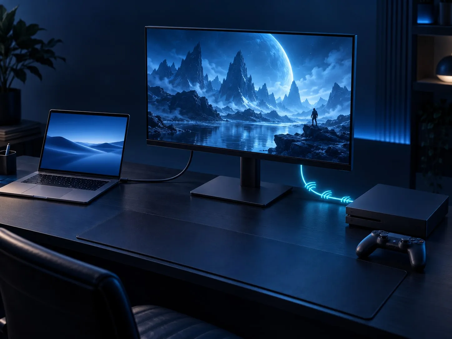 A shared monitor showing a console game while the MacBook stays connected, with a cyan pulse marking the console connection