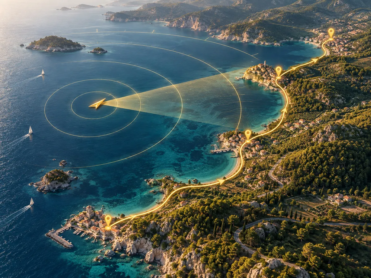 A golden route connecting four coastal destinations, with a navigation needle and radar sweep across the bay