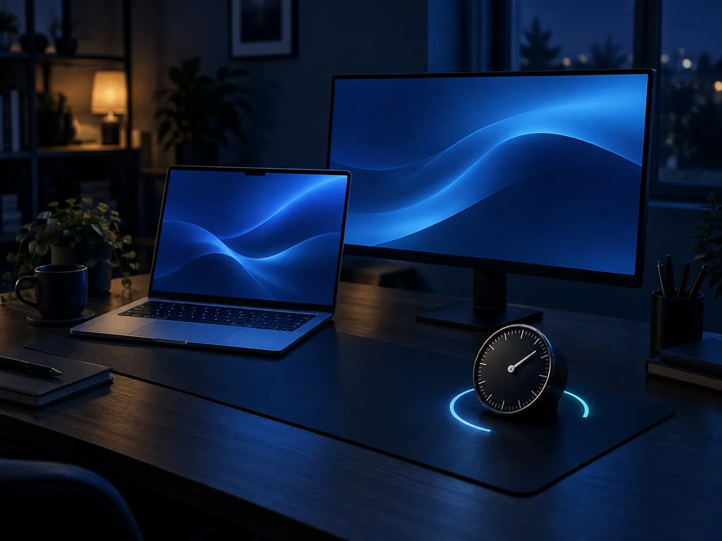 A MacBook and external monitor still illuminated at night beside a desk timer, illustrating a timed Keep Awake session