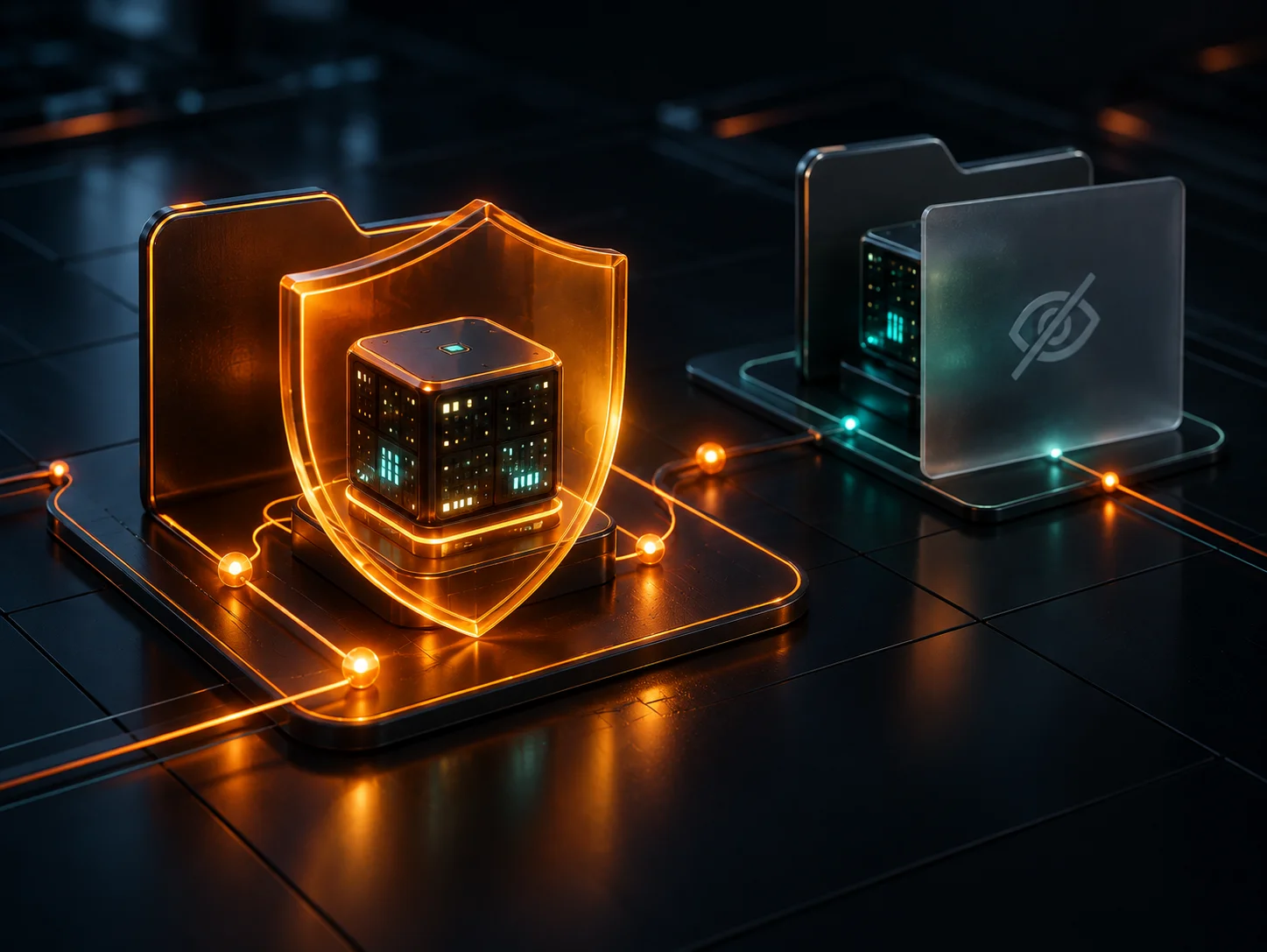 An amber shield protects one running project while another sits behind a frosted panel marked with a hidden-eye symbol.