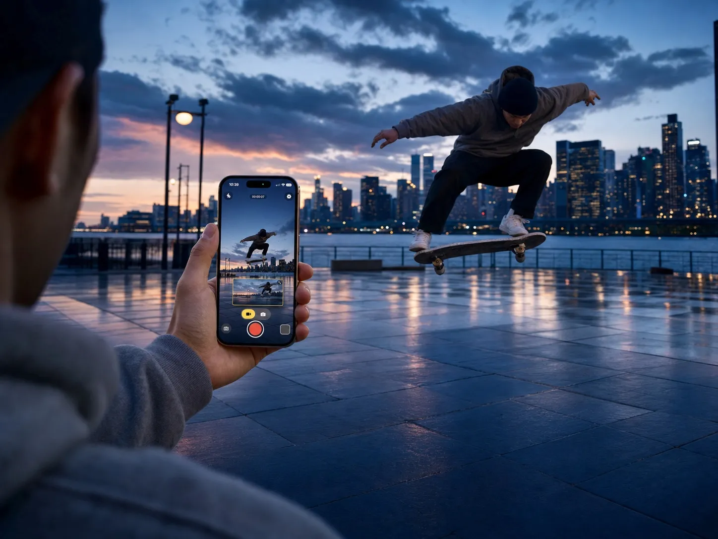 Filming a skateboarder mid-air at dusk with Radar Camera, the phone showing the portrait view and the landscape preview at the same time