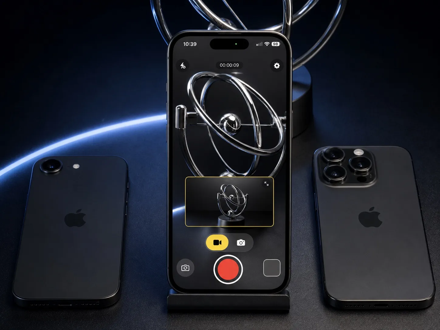 Three iPhones on a dark surface: a single-camera model and a triple-camera model lying face down beside a phone running Radar Camera with portrait and landscape previews live