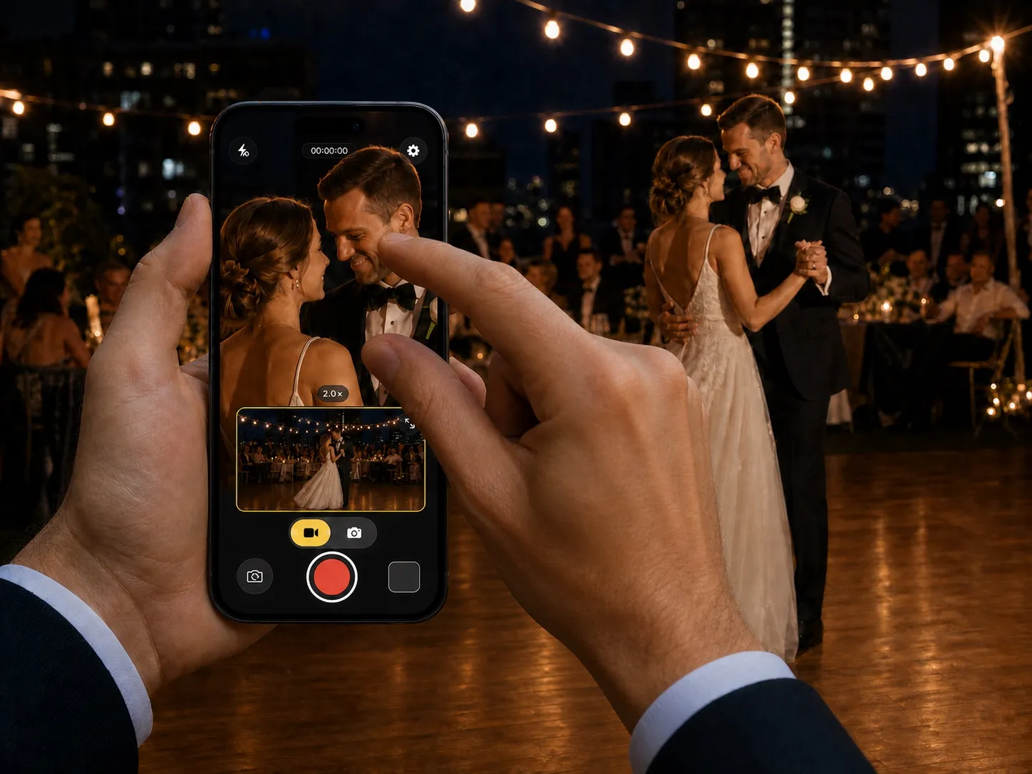 Filming a wedding first dance with Radar Camera, fingers pinch-zooming the portrait output to 2x while the landscape preview keeps the wide view of the room