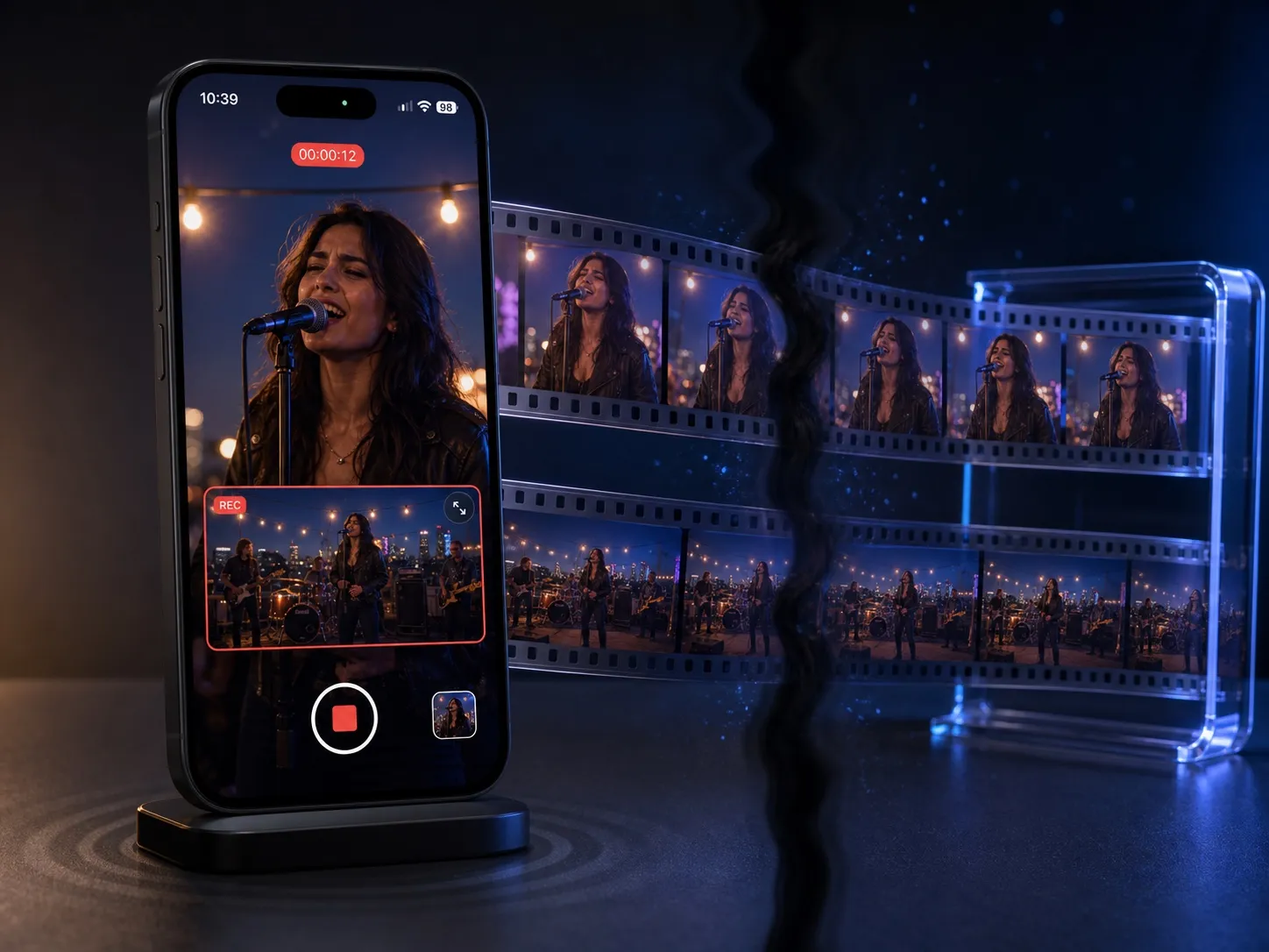 A phone recording a concert, with portrait and landscape film strips running behind it through a tear and continuing intact on the other side