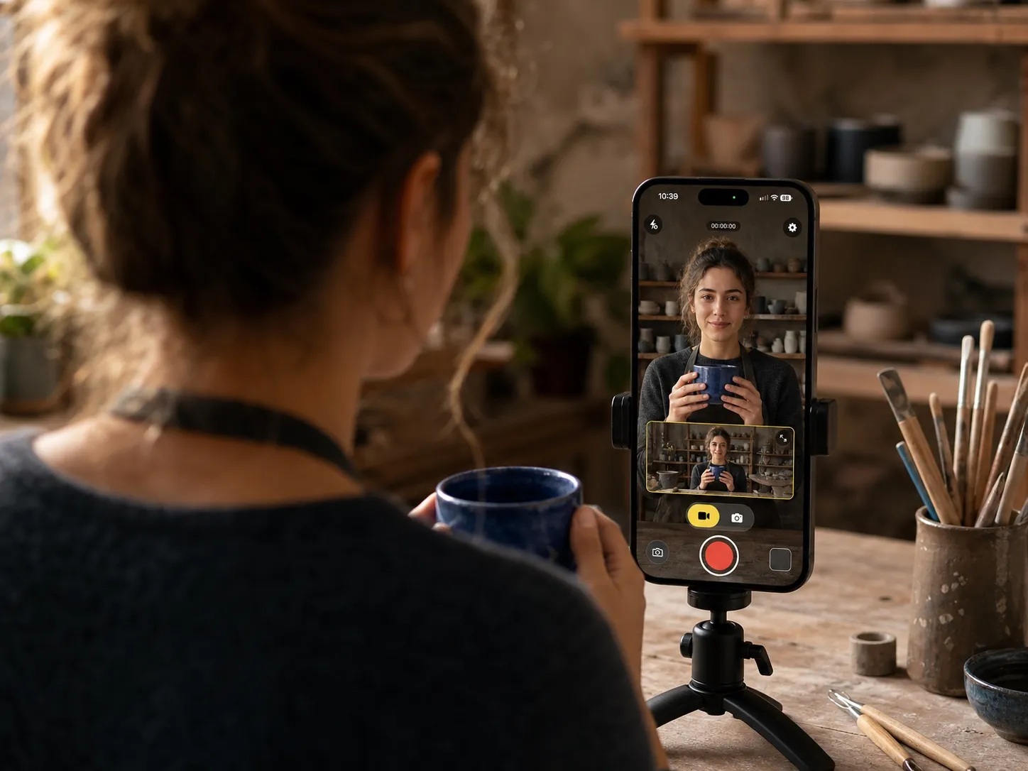 A potter filming herself on a tripod with Radar Camera's front camera, the portrait preview holding her close while the landscape preview takes in the whole studio