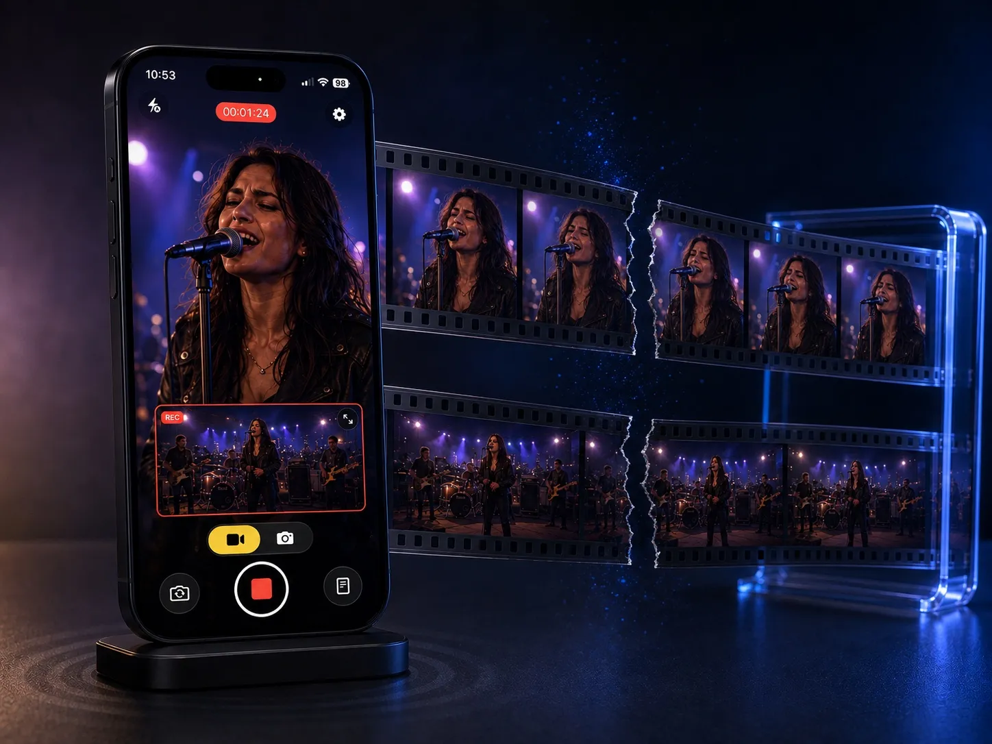 A phone recording a concert, with portrait and landscape film strips running behind it through a tear and continuing intact on the other side