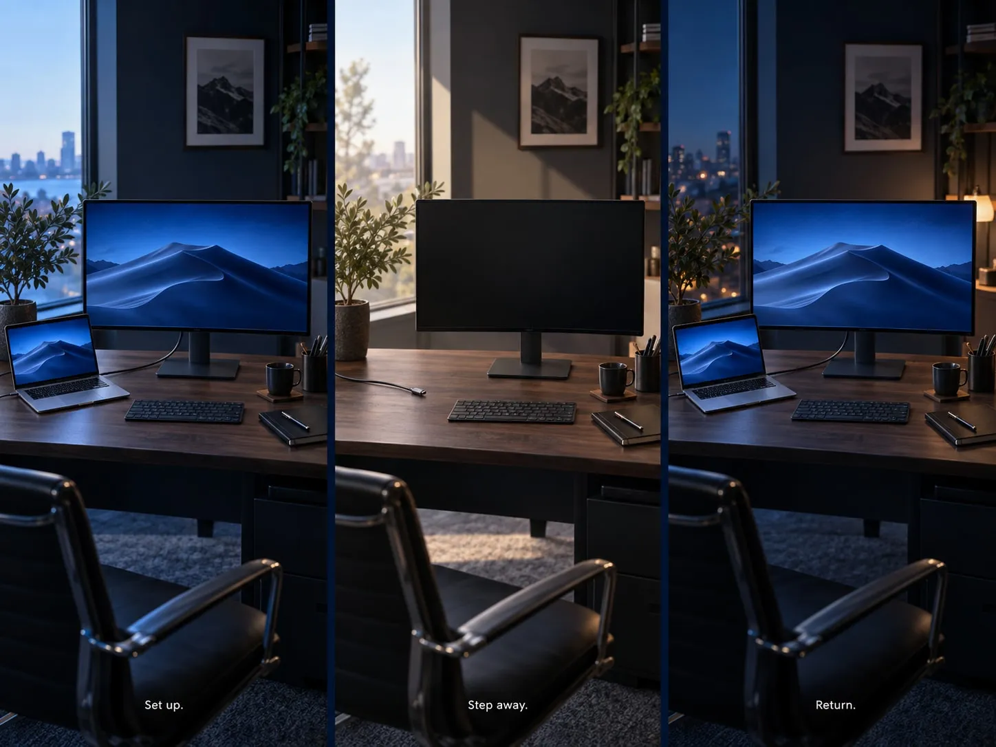 Three views of the same desk: a configured monitor and MacBook, the monitor disconnected while the laptop is away, and the familiar display setup restored on return