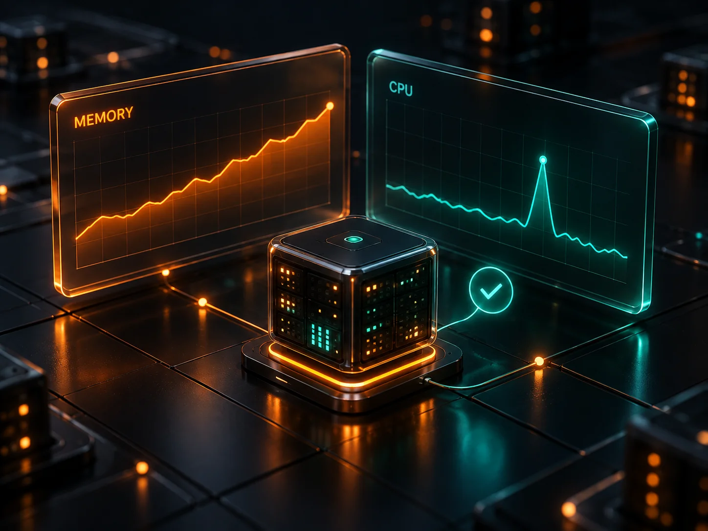 A server beside an amber memory history chart, a teal CPU chart, and a response check indicator.