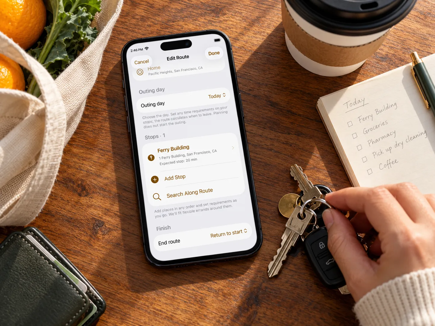 Radar Route's route editor on an iPhone beside an errand list and keys, with time at a stop and a return-to-start option