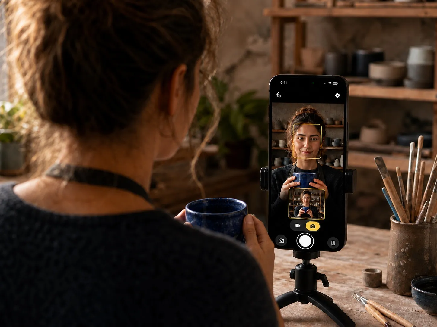 A potter filming herself on a tripod with Radar Camera's front camera, the portrait preview holding her close while the landscape preview takes in the whole studio