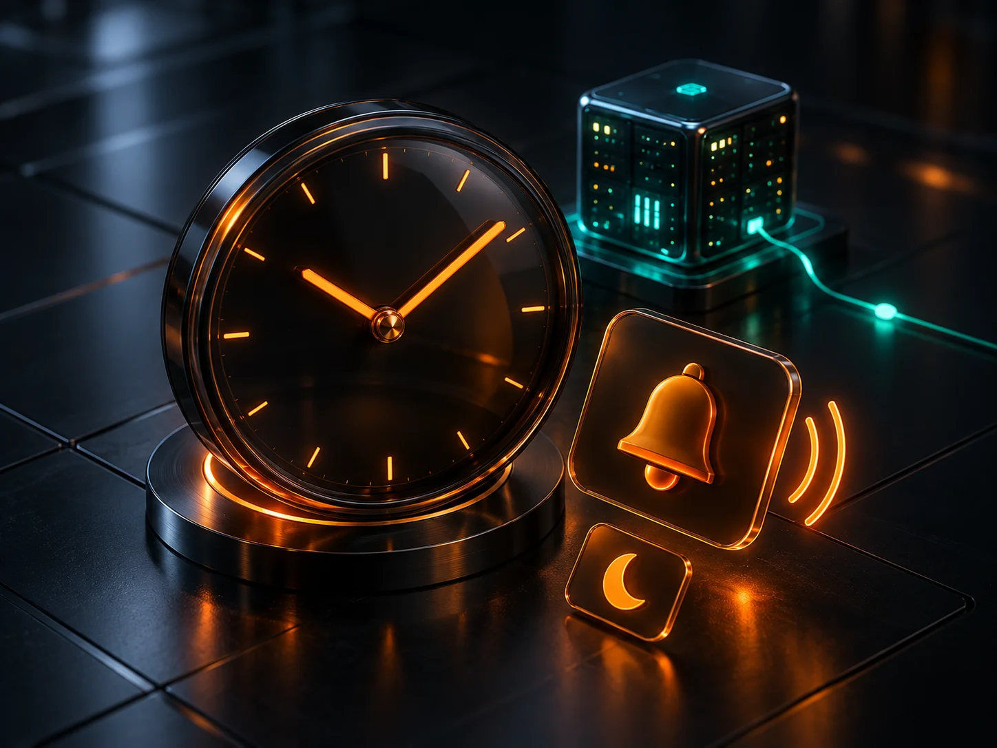 A still-running server beside an amber clock, notification bell, and snooze symbol.
