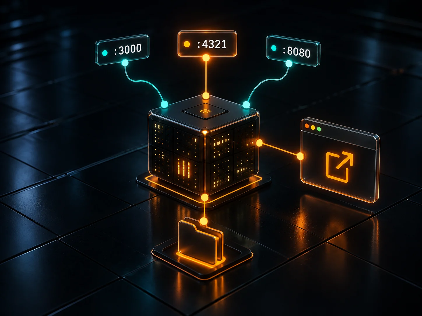 A server exposes ports 3000, 4321, and 8080, with port 4321 highlighted alongside browser and folder symbols.