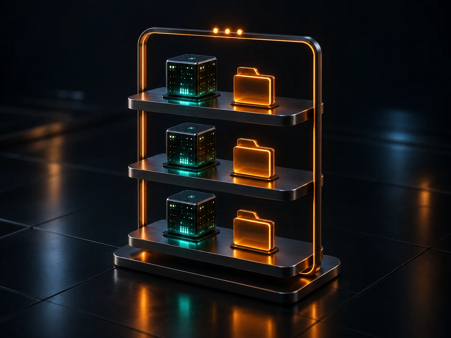 Three glowing servers and project folders organized on individual shelves within one amber frame.