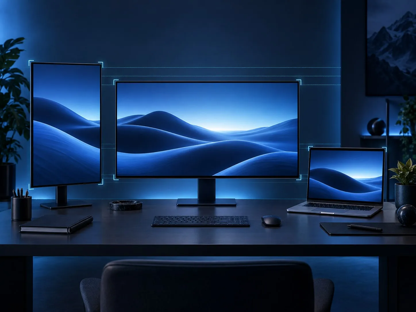 A portrait monitor, landscape monitor, and MacBook arranged across one desk, with cyan guides highlighting their relative positions