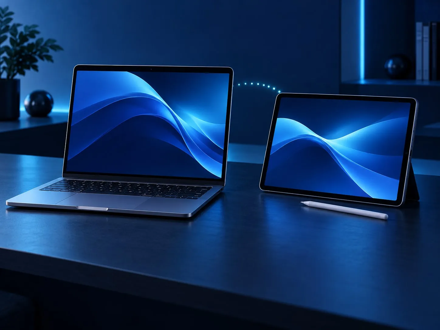 A MacBook and iPad side by side with complementary blue desktops, illustrating an extended workspace through Sidecar