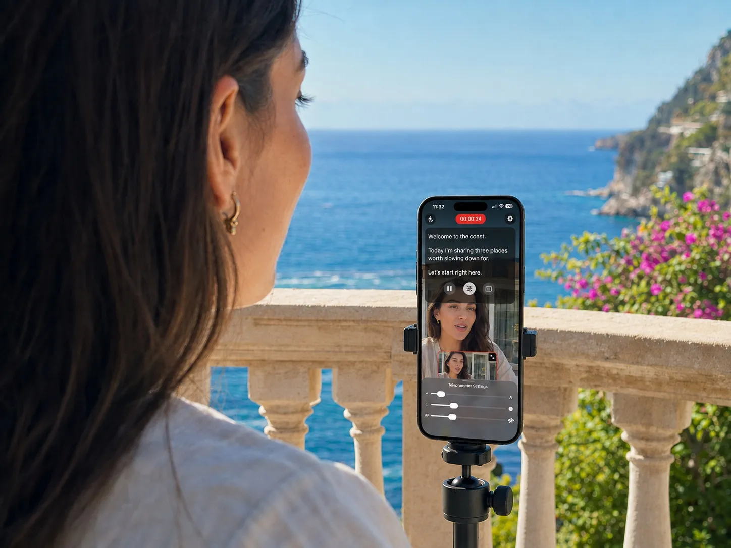 Filming a travel piece to camera from a coastal balcony with Radar Camera on a tripod, the teleprompter script floating over the preview above its play, settings, and scripts controls, with the text size, opacity, and speed sliders open below